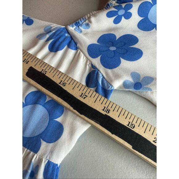 Sweet Lemon Women's Blue White Floral Short Puff Sleeve Babydoll Dress Large - Picture 6 of 8